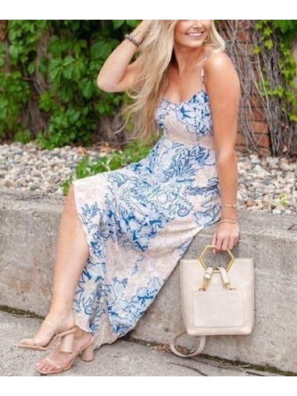 NWT Free People Blue Cream Floral Print Maxi Slip Dress L | Coastal Cowgirl Boho - Picture 16 of 16